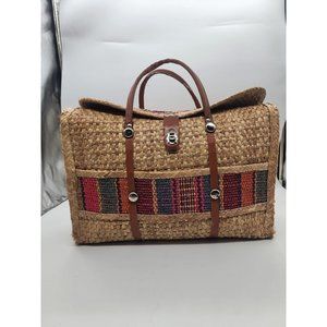 VTG 70’s Woven Tan Straw Grass & Faux Brown Leather Handle Large Tote/Market Bag